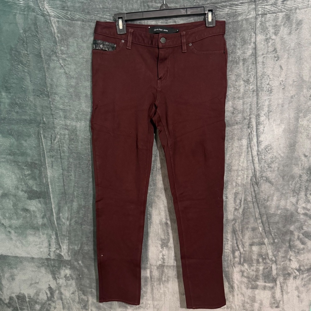 Calvin Klein Jeans Womens 8 Red Denim Faux Leather Patch Dark Wash